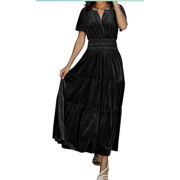 R.Vivimos Dresses & Skirts - NEW Vintage Velvet V Neck Elastic Waist Tiered Ruffle Maxi Dress S